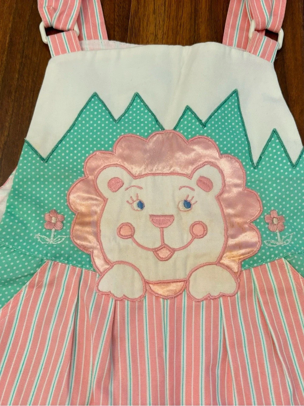 Vintage Lion Pink Stripe Embroidered Overall Shorts